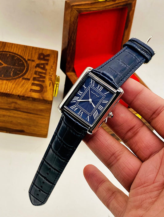 Classic Rectangular Roman Dial Luxury Leather Strap Watch