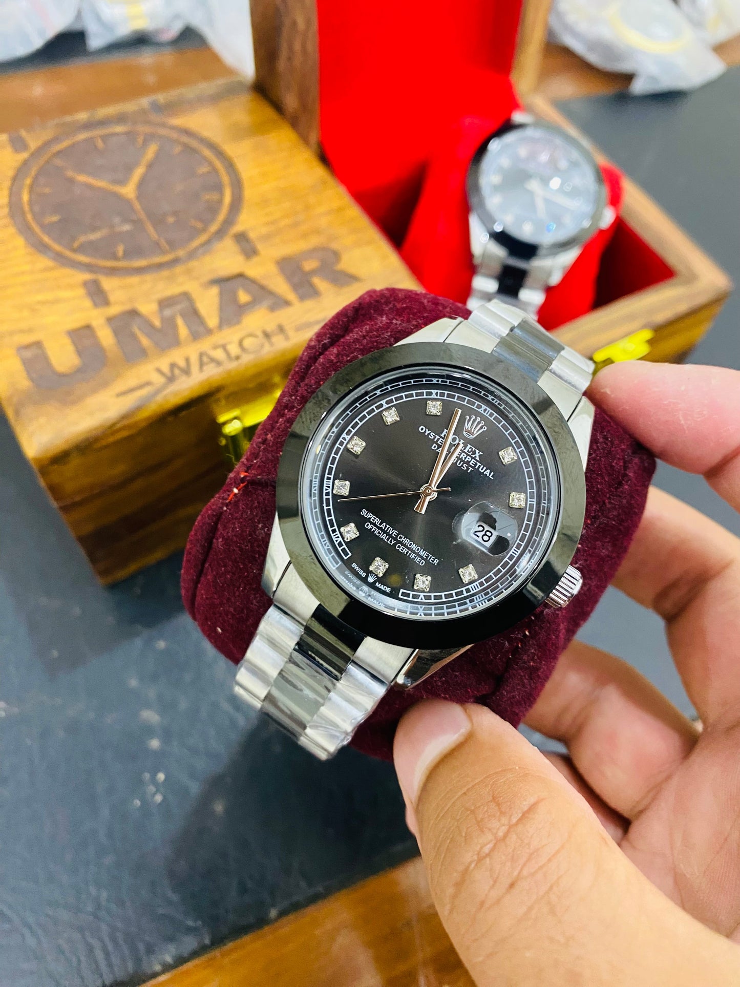 Silver Black Tow Tone Stone Model with Date Function Premium quality