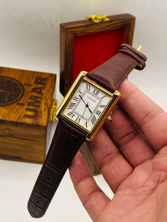 Classic Rectangular Roman Dial Luxury Leather Strap Watch