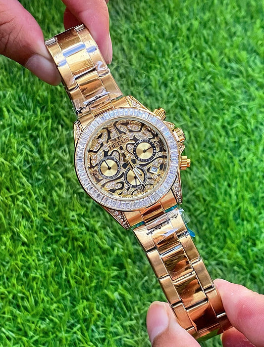 S Luxury Gold Skeleton Chronograph Watch – Diamond Bezel, Full Gold Finish