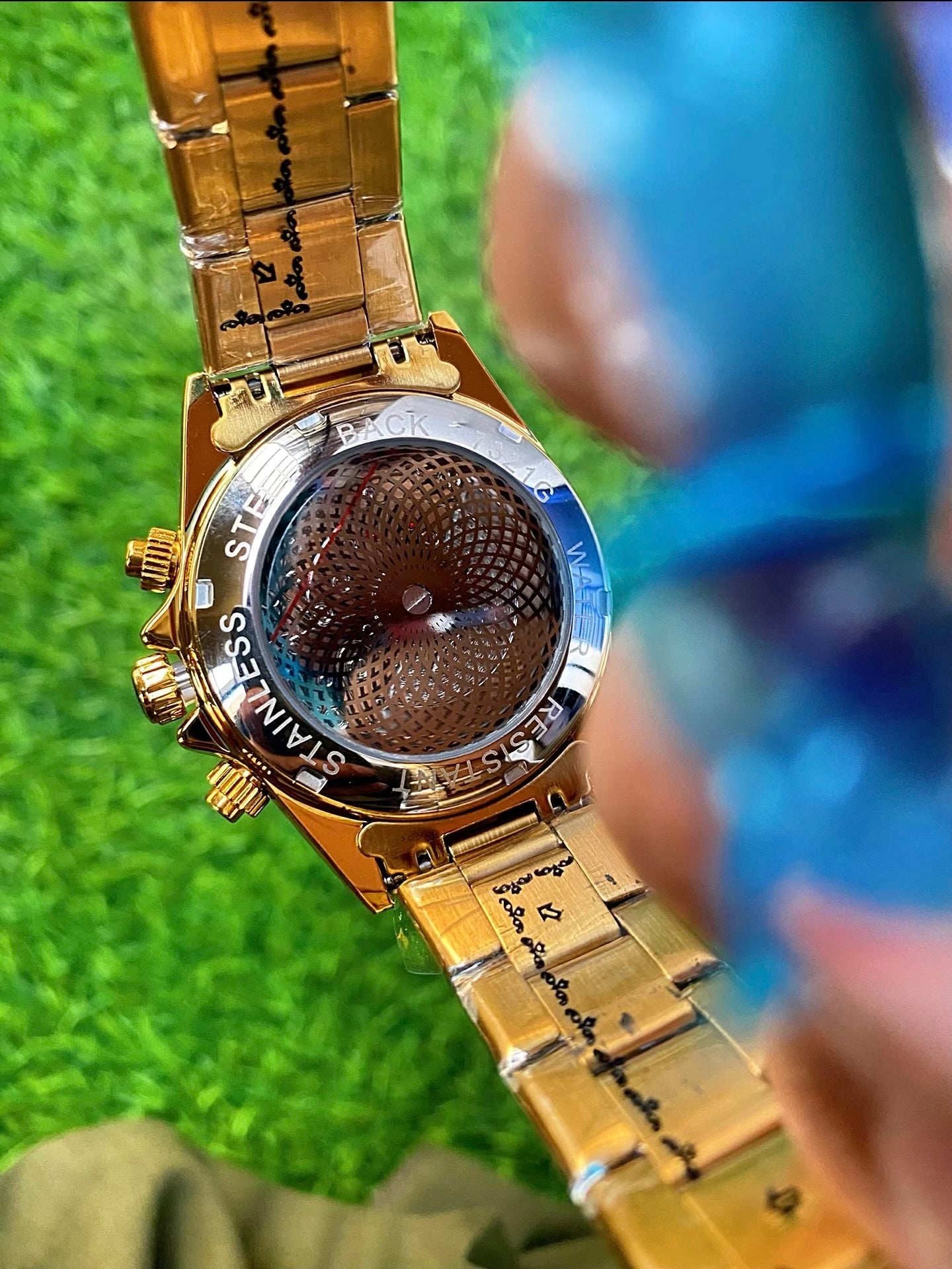 S Luxury Gold Skeleton Chronograph Watch – Diamond Bezel, Full Gold Finish