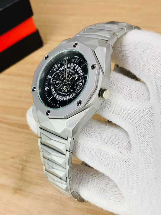 Modern Geometric Bezel Chronograph Watch with Stainless Steel Strap