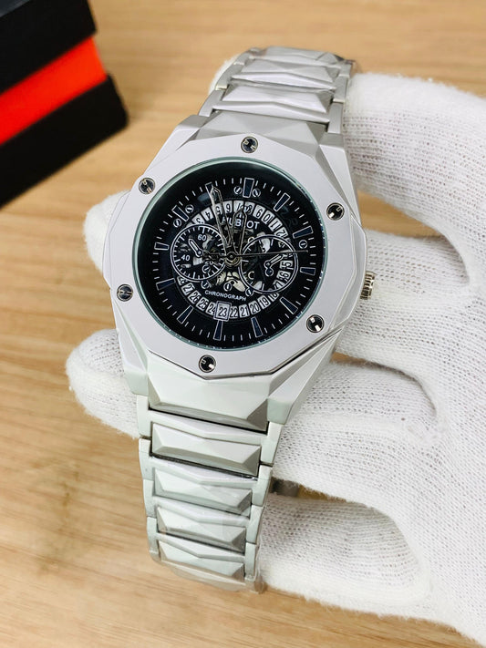 Modern Geometric Bezel Chronograph Watch with Stainless Steel Strap